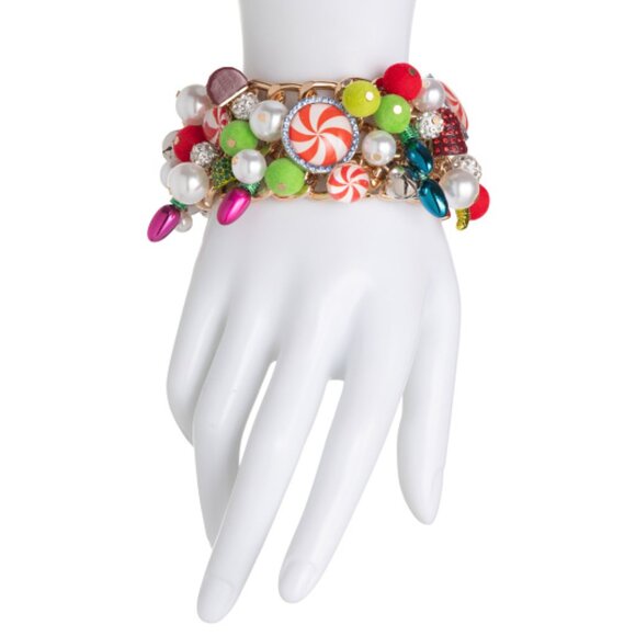 NWT BETSEY JOHNSON Christmas Candy Faux Pearl Gold Tone Statement Bracelet - Picture 2 of 2